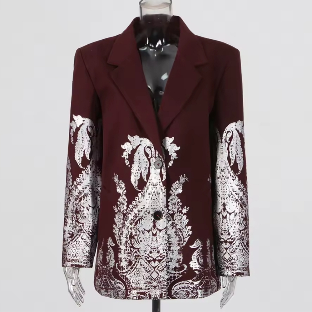 Burgundy Printing Blazers For Women Notched Collar Long Sleeve Patchwork Single - Picture 3 of 11